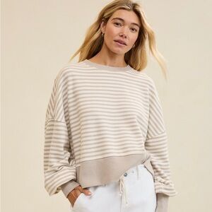 Aerie Classic Crew Striped Beige and White Sweatshirt M